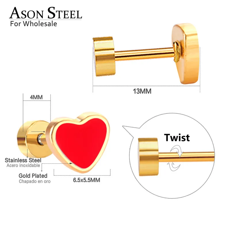 Серьги гвоздики ASONSTEEL 12 парт/лот золотого/серебряного цвета в форме сердца с