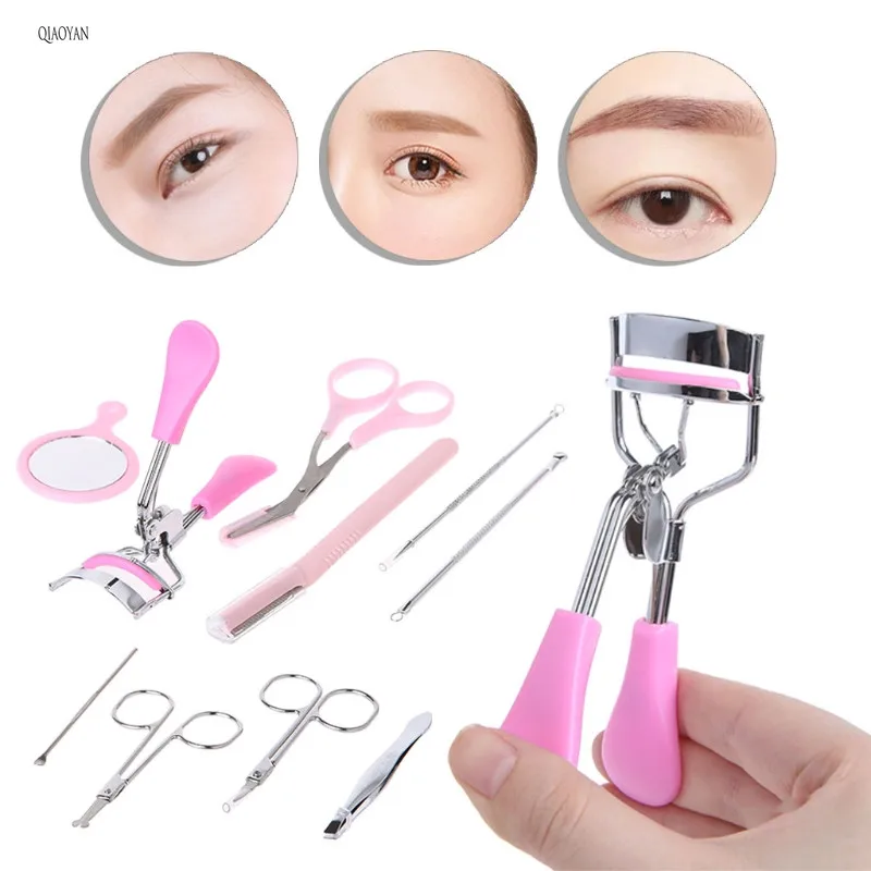 QIAOYAN 10pcs/set Eyebrow Tools Kit Tweezers Scissors Razor Eyelash Curler Makeup Tool