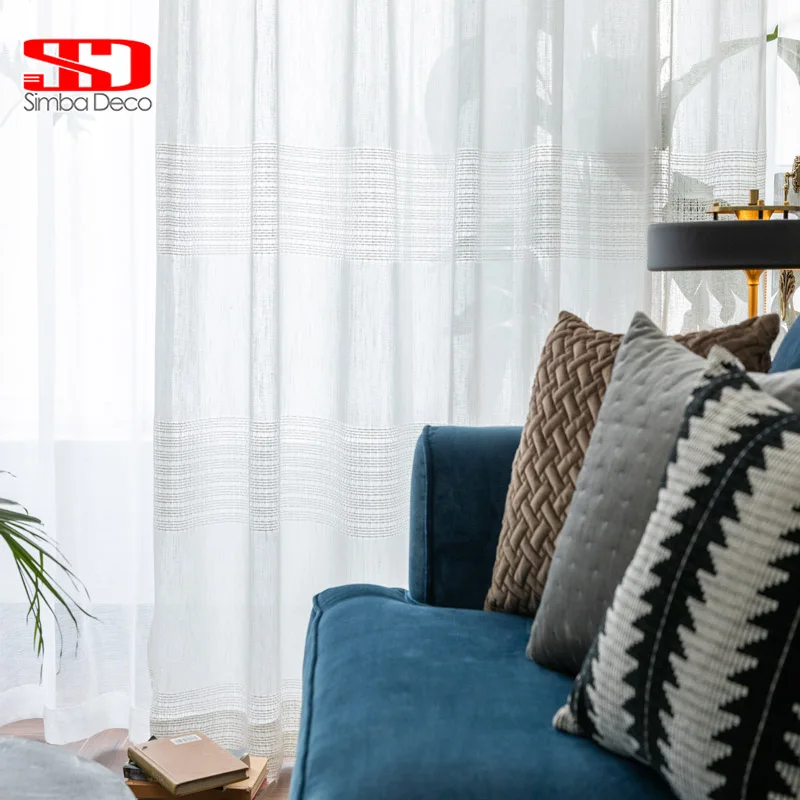 Modern white Striped Window Tulle Curtains for Living Room Shiny Yarn Luxury Sheer Curtains for Bedroom Voile Blind Net Curtains