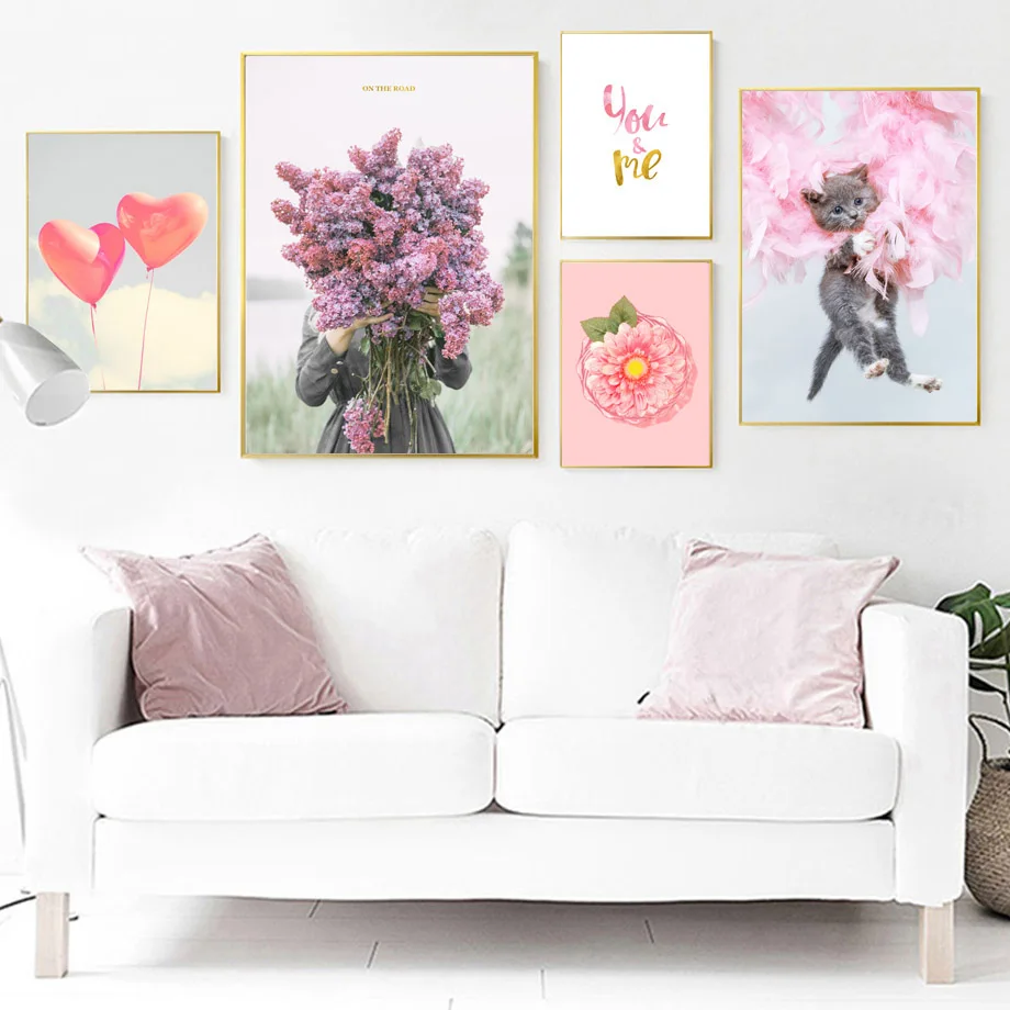 Pink-Feather-Cat-Heart-Balloon-Flower-Girl-Wall-Art-Canvas-Painting-Nordic-Posters-And-Prints-Wall (2)