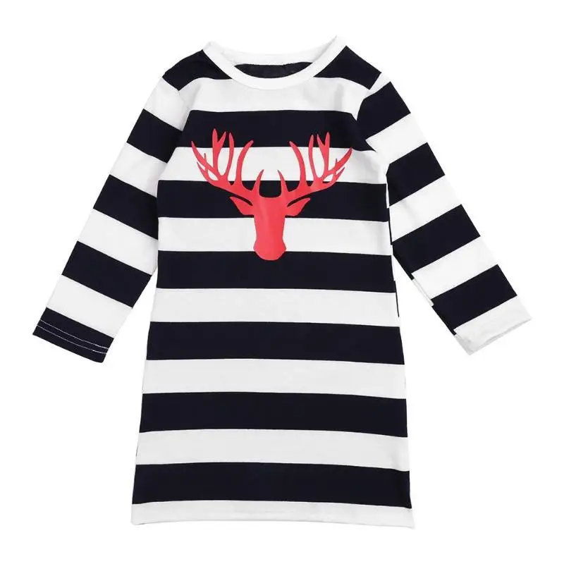 JOCESTYLE Autumn Family Matching Clothing Mother Daughter Stripe Dress Christmas Long Sleeve Deer Pattern Dress