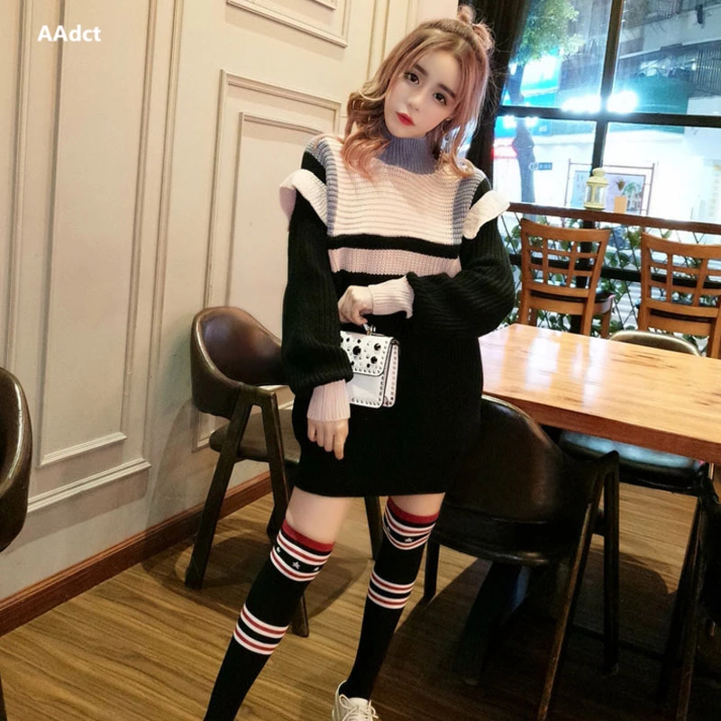 AAdct 2018 Autumn new women's fashion temperament color matching thick long sweater + stockings set female jumper Sweaters Sweaters