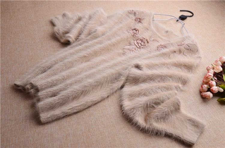 Мягкое из Кореи зимнее женское пальто с О-образным вырезом из Ангорского кроличьего меха, вышитое бисером, тонкий пуловер из норки и кашемира с длинными рукавами
