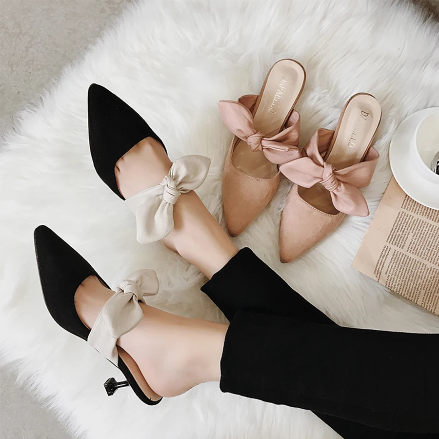

Mules Women 5cm Platform Pointed Toe Bowknot Slippers Shoes Comfortable Casual Female Shoes Woman Flock Mujer 2018