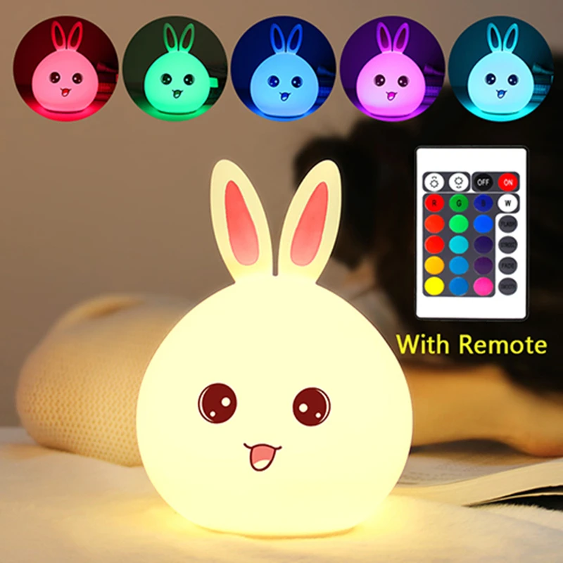 

Rabbit LED Night Light With Remote For Children Baby Kids Bedside Lamp Multicolor Silicone Touch Sensor Tap Control Nightlight