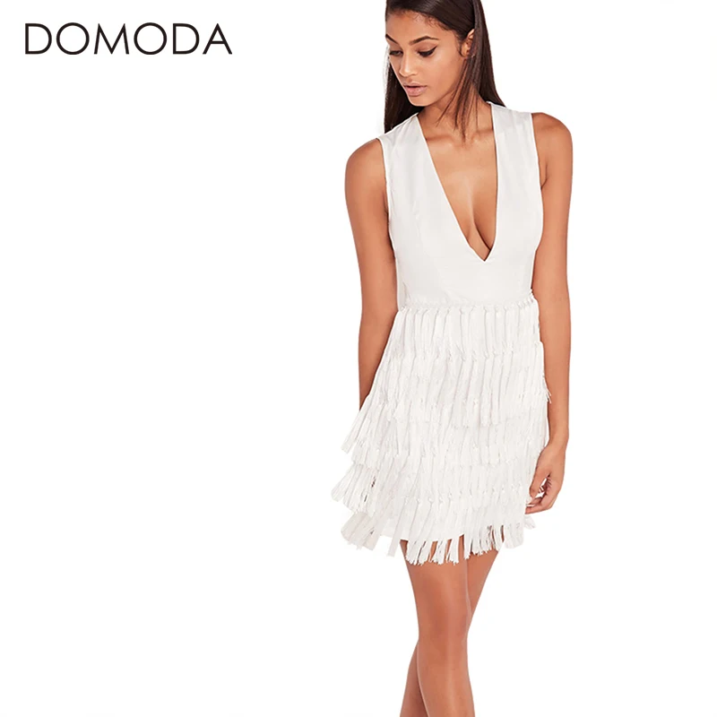 DOMODA Tassel Solid White Dresses Women Sexy V neck Patchwork