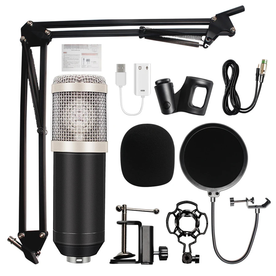 Tanie Profesjonalny mikrofon kondensujący bm800 nagrywanie dźwięku bm 800 mikrofon KTV mikrofon do karaoke zestaw Mic W stojak na komputer