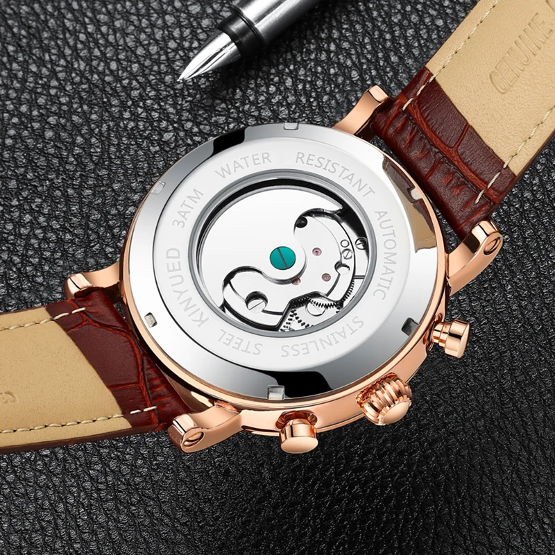 KINYUED автоматические часы с скелетом для мужчин, водонепроницаемые часы с фазой Луны и календарем, механические мужские часы с турбийоном, деловые часы Horloges Mannen