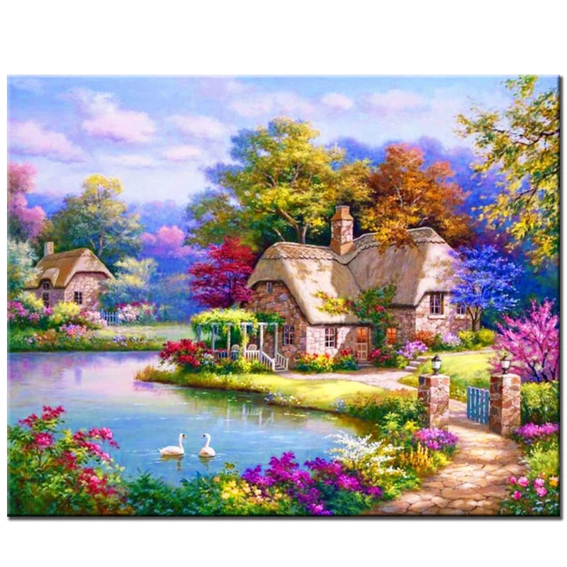 

Pond Manor DIY 5D diamond embroidery landscape full bead set needlework Patterns Rhinestones of 3D diamond painting scenery tree
