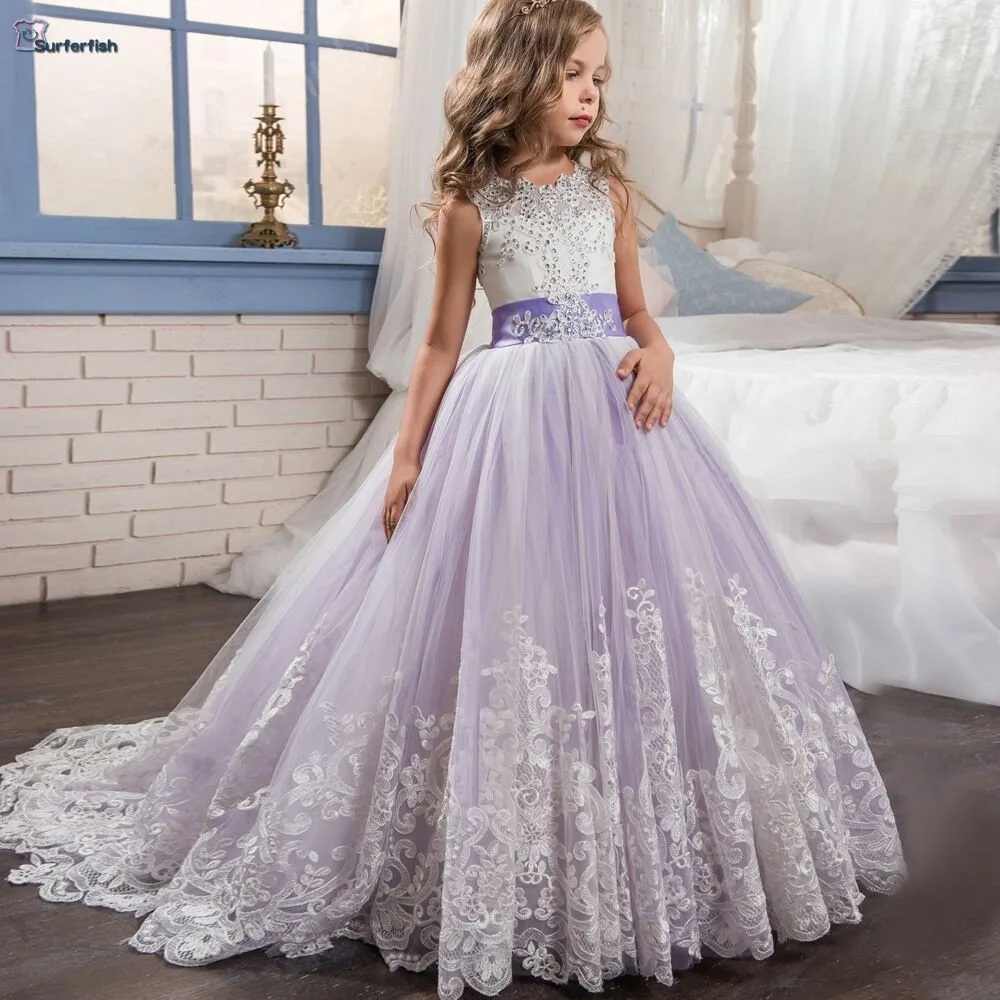 

Surferfish Children's princess dress girl's wedding dress Lace Heart Back Halter Bows Long Party Ball Valentine's Day Dress