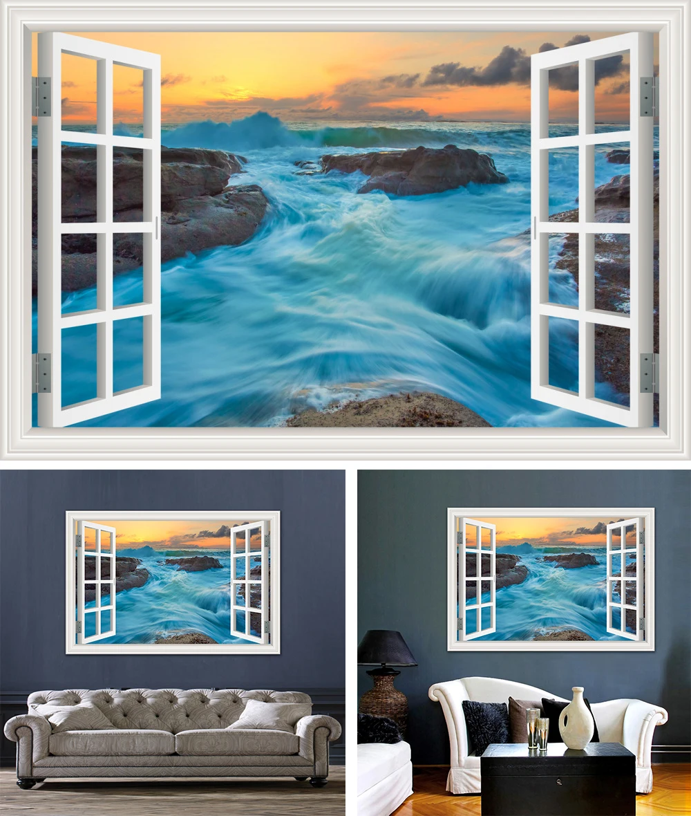 3D наклейки на стену с видом на окно на пляж, съемные пейзажные обои, ПВХ наклейки на стены для гостиной, кухни, настенные плакаты и принты
