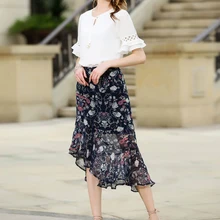 Элегантный фантазии Цветочный принт юбка Для женщин упругой высокой талией нерегулярные шифоновая юбка летние женские Vestidos