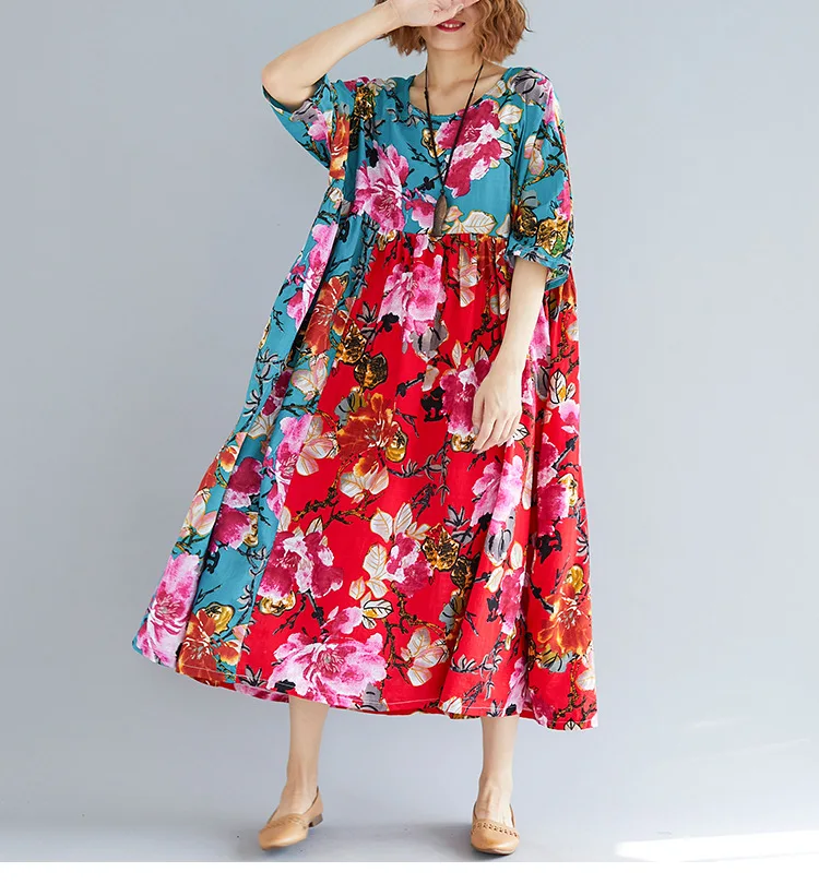 Новинка, летнее платье с цветочным принтом, женское Повседневное платье размера плюс, в стиле пэчворк, хит цвета, корейские свободные женские платья