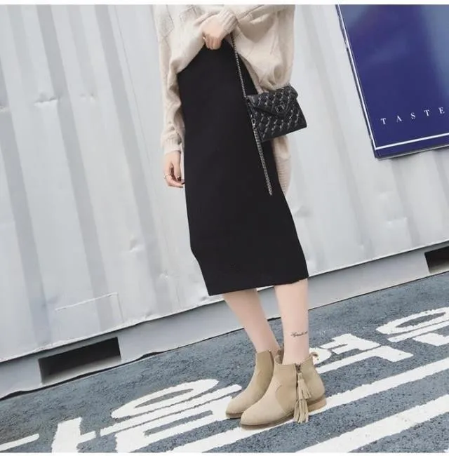 Women Skirts Knitting Solid Female Pencil Skirt Autumn Winter High Waist with Package Hip Split Ends Long Skirt