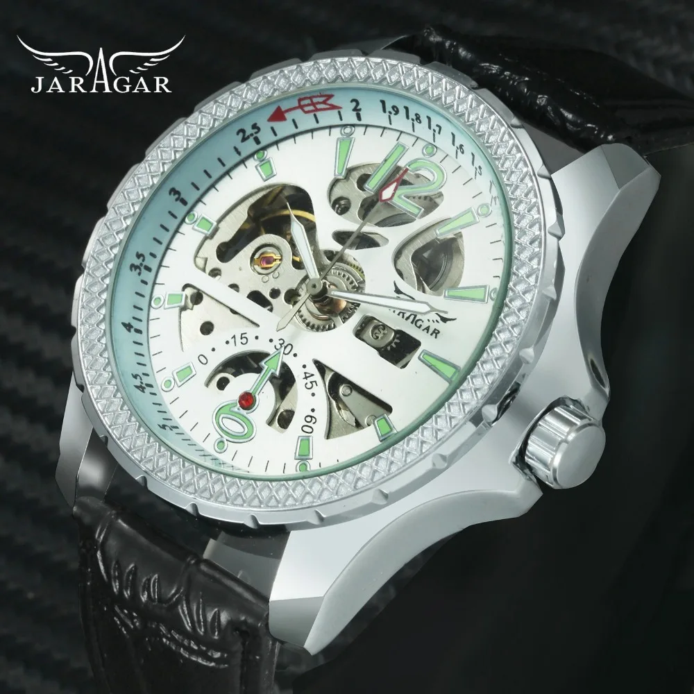 

JARAGAR Military Dress Automatic Mechanical Watch Men Skeleton Dial Luminous Hands Leather Strap Mens Watches Top Brand Luxury