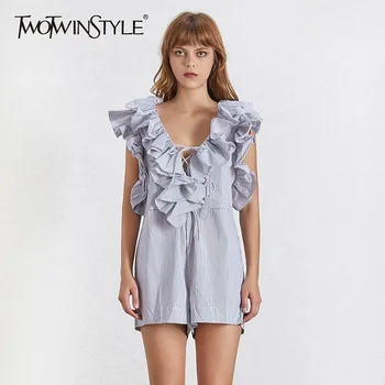

TWOTWINSTYLE Summer Casual Striped Playsuit Women V Neck Sleeveless Off Shoulder High Waist Ruffle Playsuits Female Fashion New