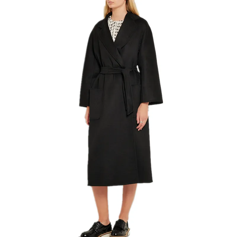 Новинка, Великобритания, весна-осень, Женское шерстяное длинное пальто, женская верхняя одежда, manteau femme abrigos mujer - Цвет: Черный