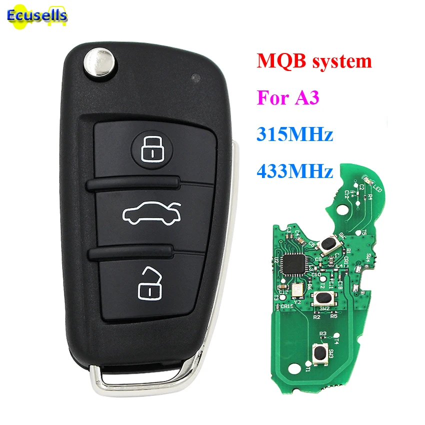 

MQB semi intelligent Modified Folding flip Remote Key 3 button 315MHz 433MHz A6L use for Audi A3