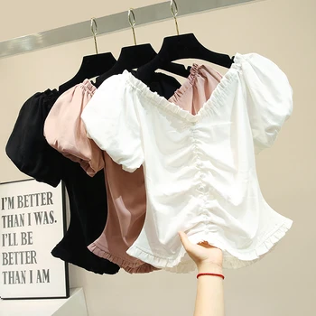 

Elegant V Neck Lantern Short Sleeve Blouses for Women Solid Color Slim Waist Short Fairy Top Personality Design Female Shirts