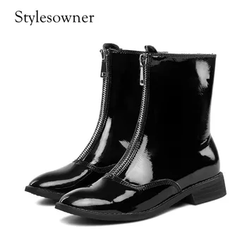 

Stylesowner Hot Style Black Solid Color Patent Leather Thick Heel Woman Short Boots Autumn Winter Smooth Leather Martin Boots
