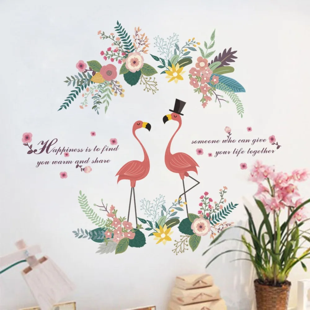 %coconut tree Leave Wall Stickers PVC DIY Flamingo plant flowers cartoon Animal for Living Room Kitchen Baby Bedroom Decoration | Дом и сад