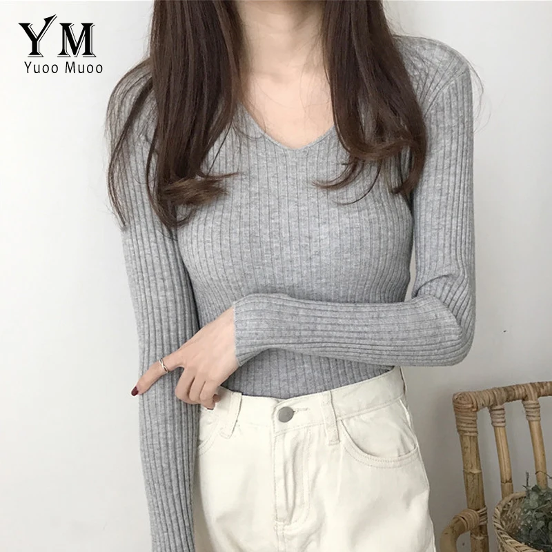 YuooMuoo 2019 V neck Autumn Sweater Women High Quality Casual Pink Sweater Pullover Winter Tops Women Knitwear Ladies Jumpers