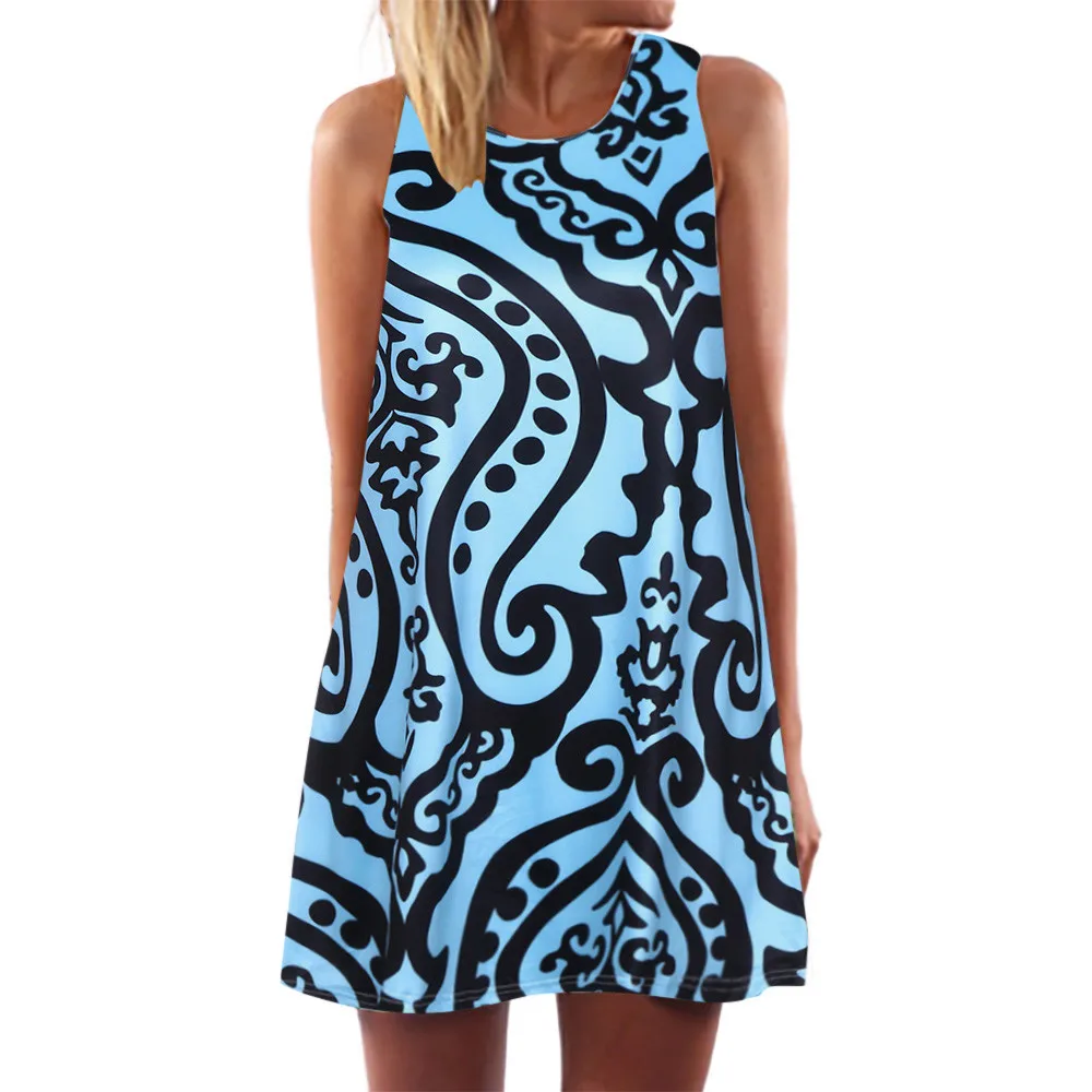 

Summer Ladies Dresses Women's Sleeveless Round Collar Retro Bohemian Beach Print Short Mini Dress vestido verano mujer jurk