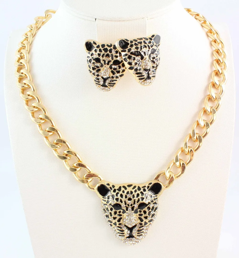 

Fashion Gold Color Black Enameled Leopard Pendant Statement Necklace earrings Jewelry Set