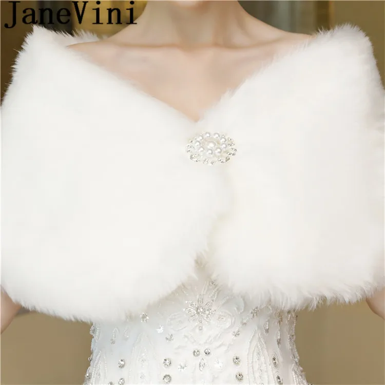 JaneVini Ladies Faux Fur Capes Bolero Jackets for Evening Dresses Beaded Pin Wedding Bridal Fur Shawl Wrap Kanten Bolero Winter