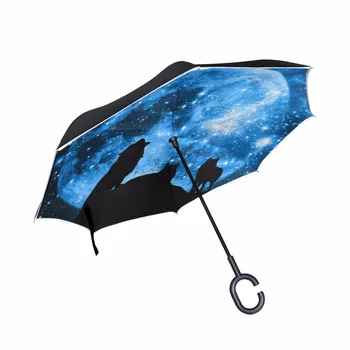 

Wolf Howling Under Starry Sky Reverse Umbrella Creative Fashion Customized Double Layer Self Stand Rain Protection Umbrella