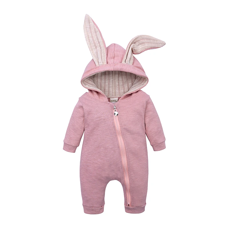 SPRING AUTUMN RABBIT EARS UNISEX BABY Hooded JUMPSUIT newbron boy girl Long Sleeve rompers Infant Cartoon outfit clothes Cotton - Цвет: 3