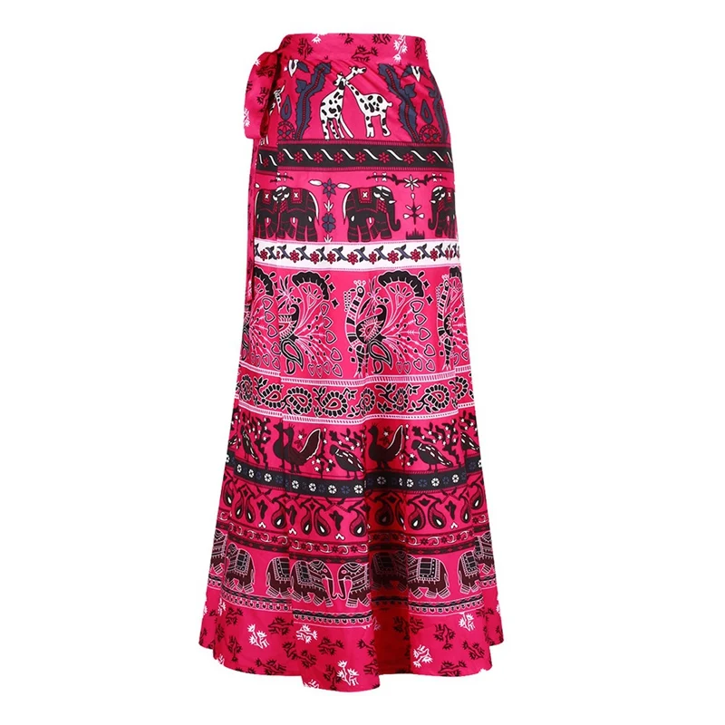 Женская юбка макси в богемном стиле, с цветочным принтом, элегантная, индийская, в этническом стиле, богемная, длинная, хиппи, пляжная юбка с поясом для женщин