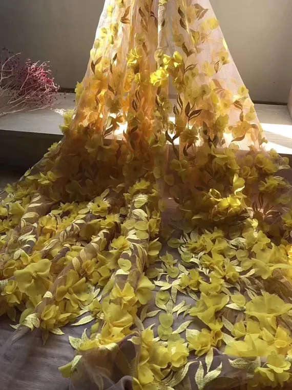 1 ярд персиково розовая 3d кружевная ткань с объемными шифоновыми цветочками