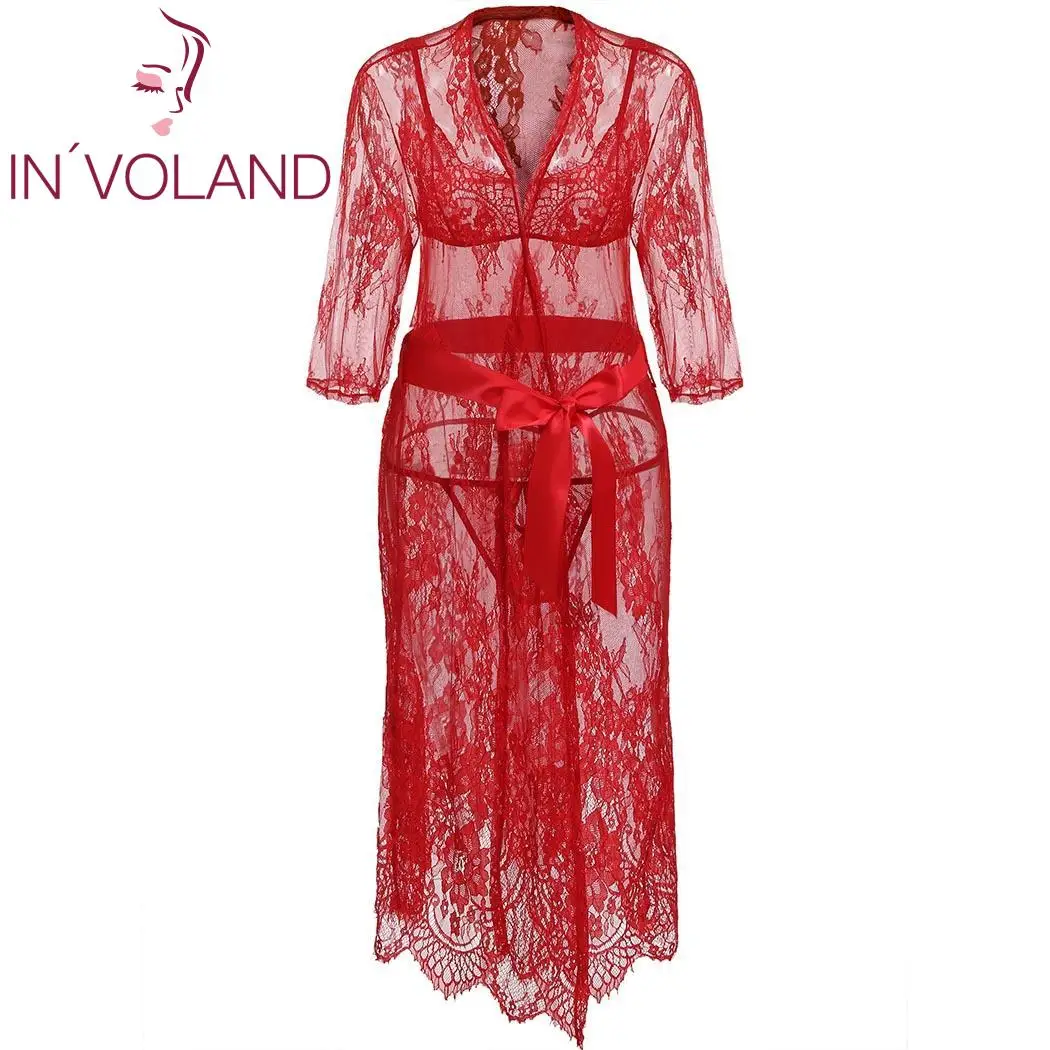 IN'VOLAND размера плюс женское белье сексуальное кружевное прозрачное Сетчатое ночное белье наборы с халатиком Весна Лето Ночная рубашка Пижама - Цвет: Red