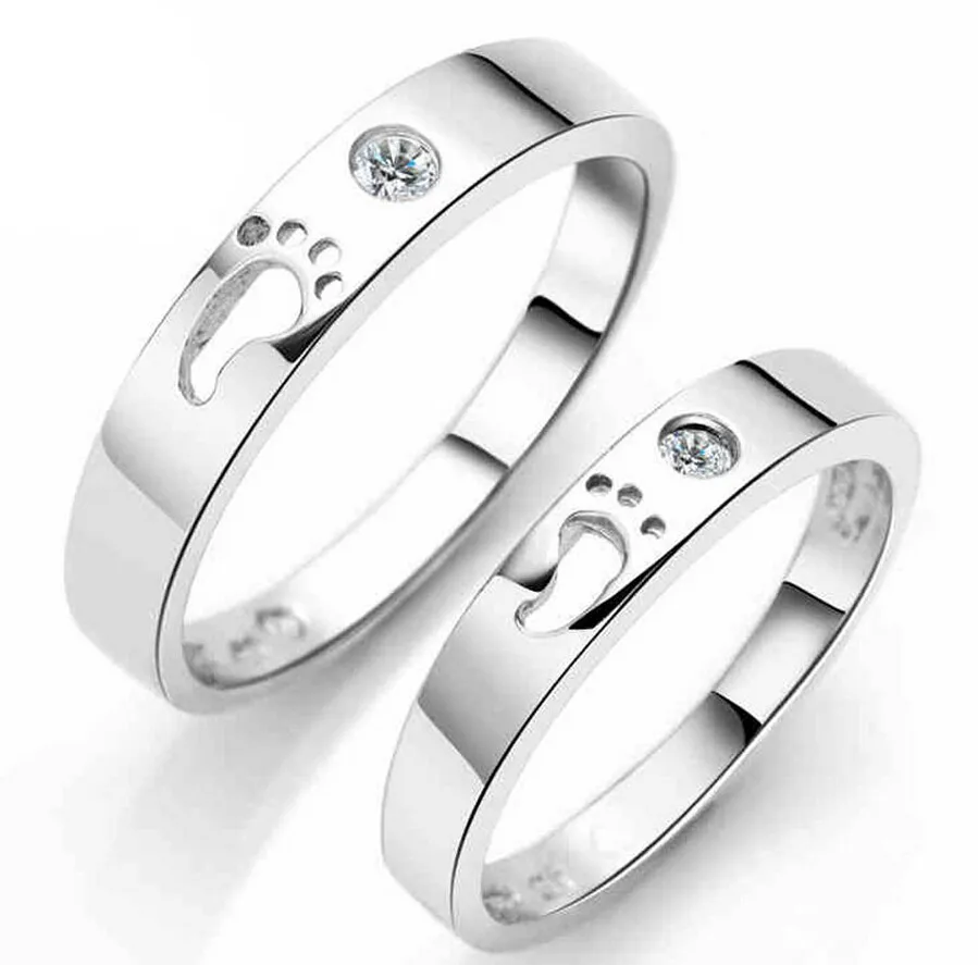 

Free Shipping Love Footprint Silver Couple Ring for Lovers Plating White Gold Wedding Ring Set Promise Ring