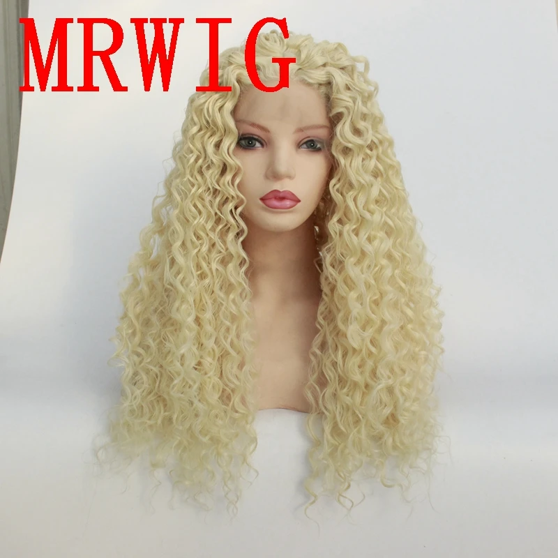 

MRWIG #613 Blonde Middle Part Long Kinky Curly Synthetic Front Lace Wig 26in Heat Resistant Fiber for Woman
