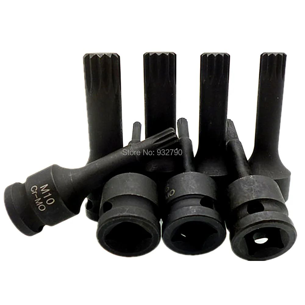 8pcs 1/2" Impact spline Socket Bit Set M5 M18 Bits 12 Point CR MO Screw Driver Bit Screwdriver