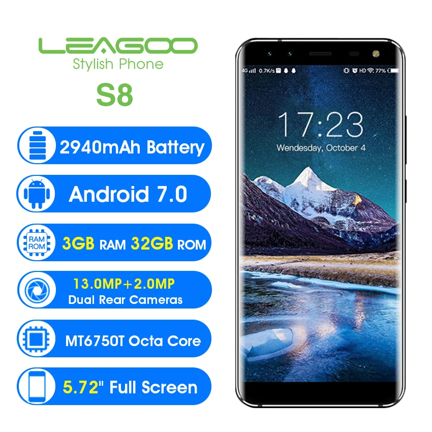  LEAGOO S8 5.72 full screen Mobile Phone Android 7.0 MTK6750T Octa Core 3GB+32GB 13MP 4 Cameras Fing