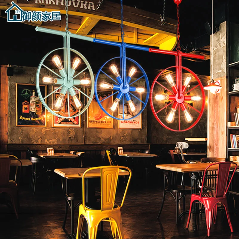 

Loft retro industrial wind personality Restaurant Bar American country iron bar art color wheel Chandelier