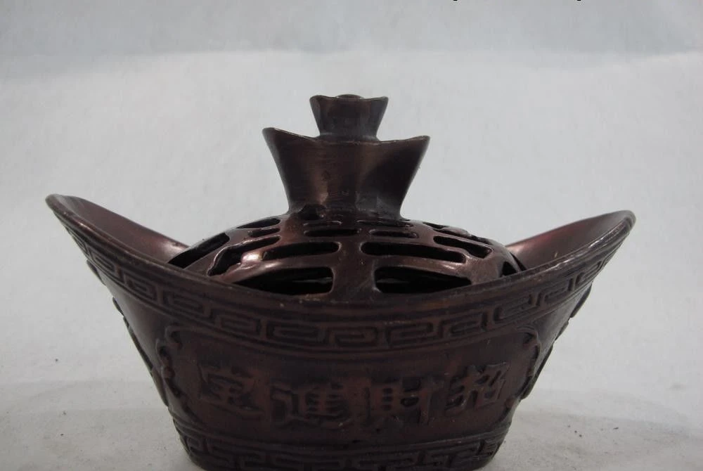 

Chinese Bronze Copper Carved wealth gold ingot fengshui incense burner censer