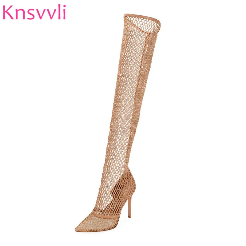 Heels Frau Partei Dünne Schuhe Sandalen Landebahn Sexy Spitz Mesh High Weibliche Ausschnitte Gladiator Apricot Stiefel Frauen Für Sommer pqnwIxTwf6