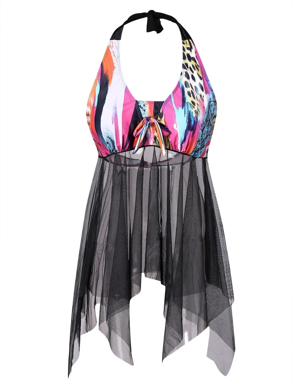 

Large Size Halter Sheer Mesh Panel Tankini Set With Shorts Swiming Suit Women Swimwear Bathing Suit Two Piece L-5XL