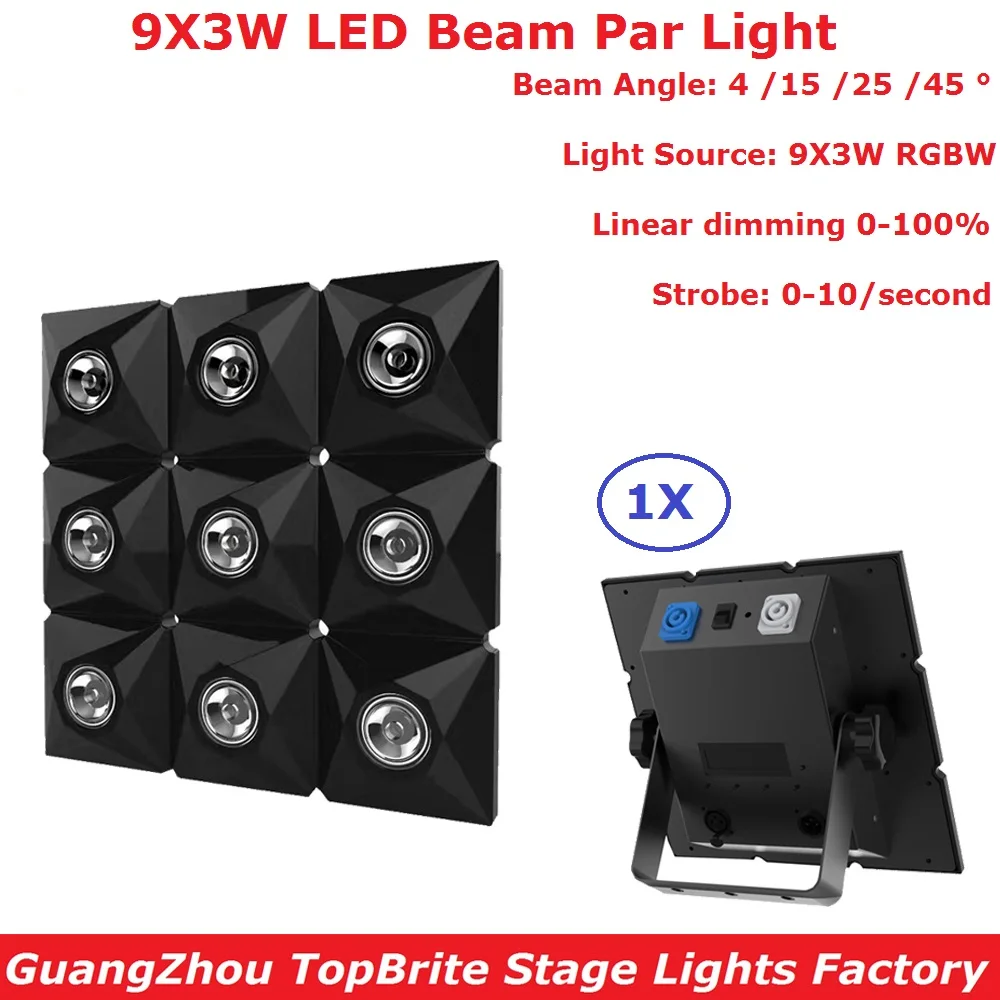 

LED Par Light 9X3W RGBW Quad Color Aluminium Shell DJ DMX Led Beam Strobe Effect Stage Lighting IP20 0-100% Linear Dimmer