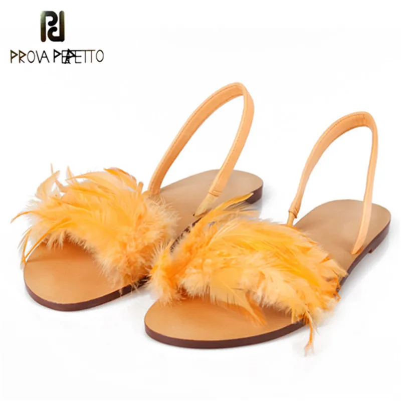 

Prova Perfetto New Summer Feather Beach Shoes Woman Real Fur Flat Sandals Narrow Band Gladiator Sandals Women Loafers Rome Shoes