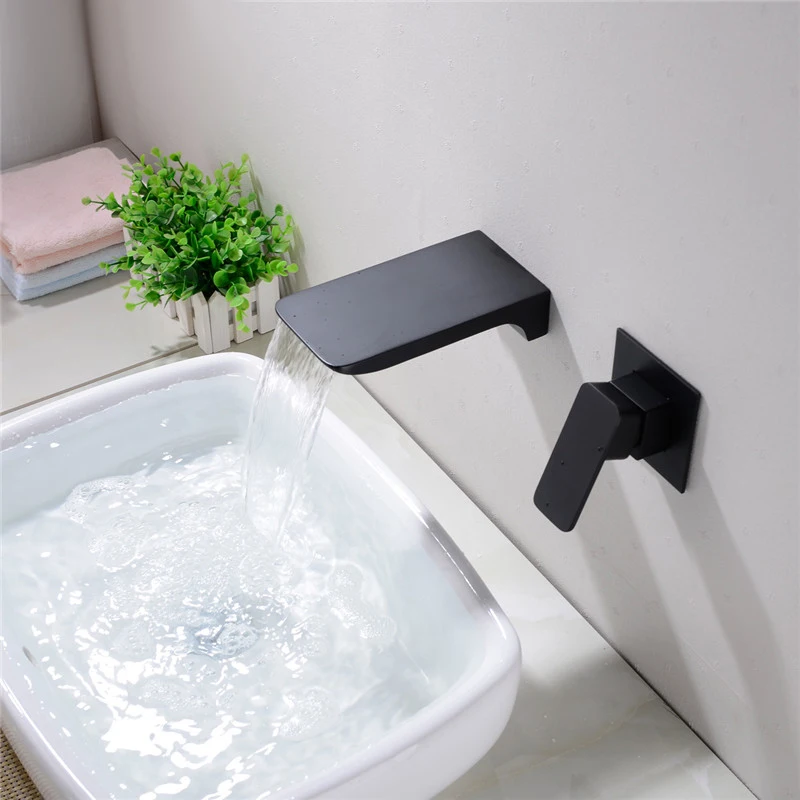 

Single Handle Wall Mounted Basin Faucet Solid Brass Sink Tap Concealed Hot and Cold Water Mixer Bathroom Taps Black