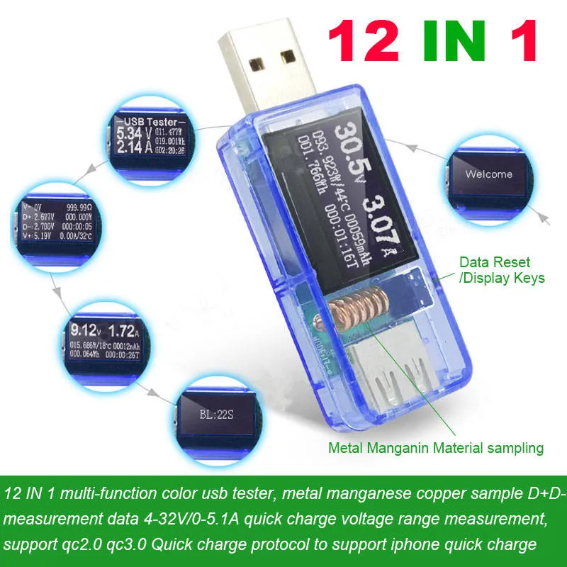 

12 in 1 USB Tester DC Digital Voltmeter Ammeter Power Capacity Temperature Tester Power Bank Charger Indicator