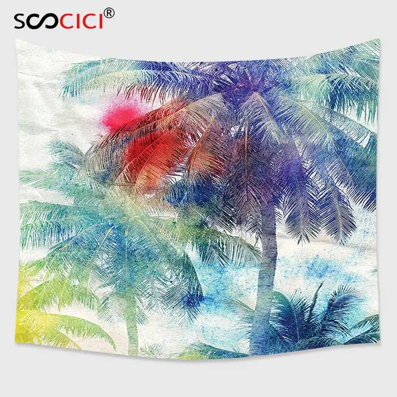 

Cutom Tapestry Wall Hanging,Palm Tree Decor Retro Watercolor Silhouettes of Palm Trees Stains on Picture Tropical Paradise