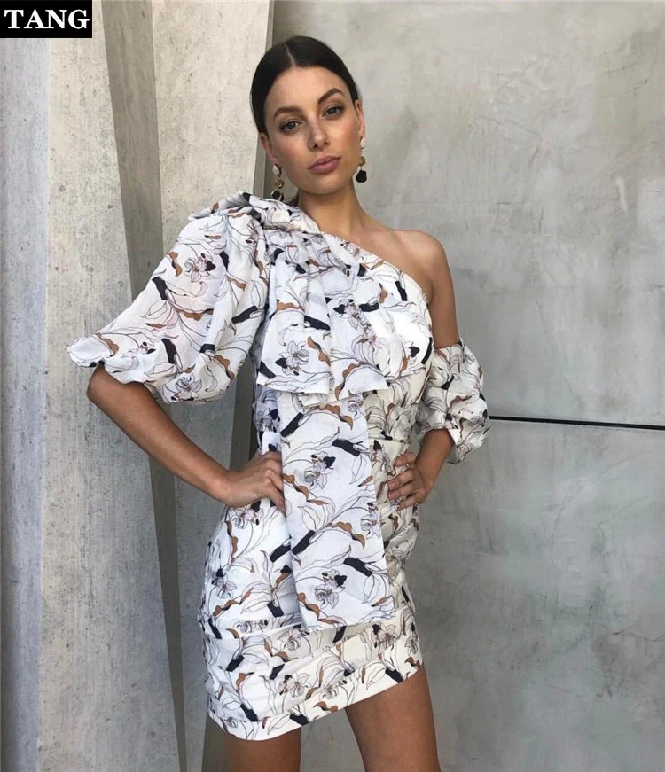 Women One Shoulder Ruched Irregular Formal Streetwear Mini Dresses 2019 Summer Sexy Party Dress For Women (1)