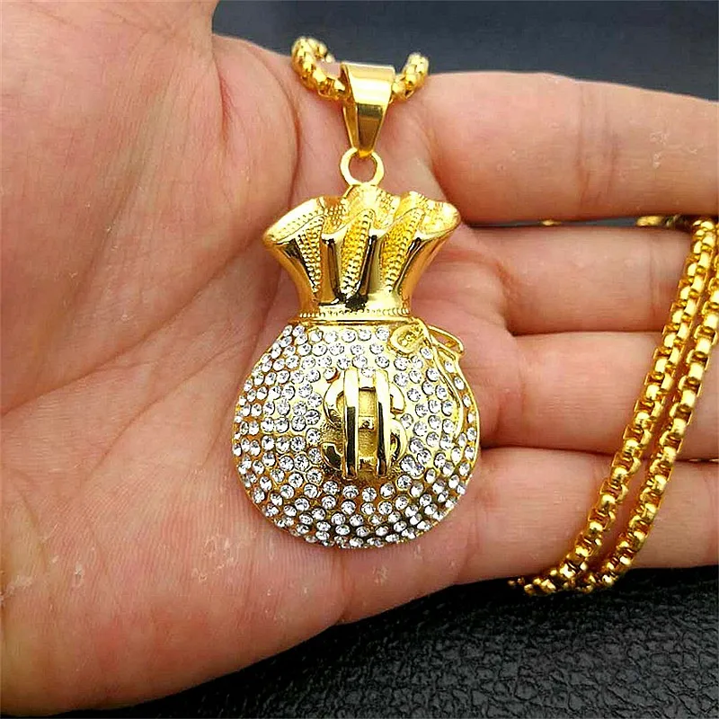 Money Bag Stack Iced Cash Coins Pendant Necklace Chain Stainless Steel Charm Gold Cubic Zircon