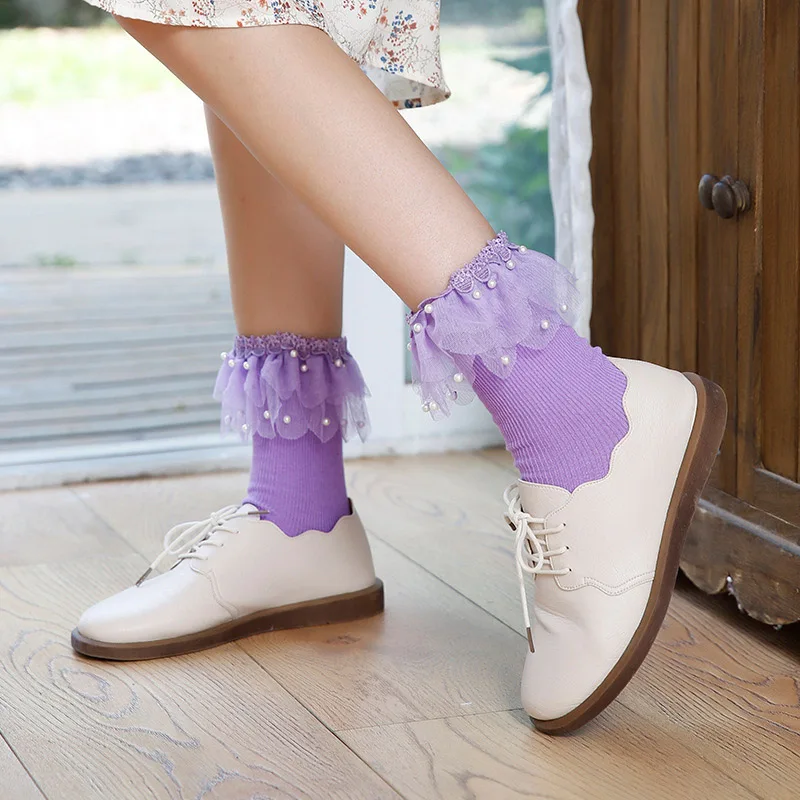 [WPLOIKJD] милые кружевные носки в японском стиле Харадзюку с жемчугом для принцессы; женские креативные носки; шелковые носки; Skarpetki Meias Femme - Цвет: Purple Socks